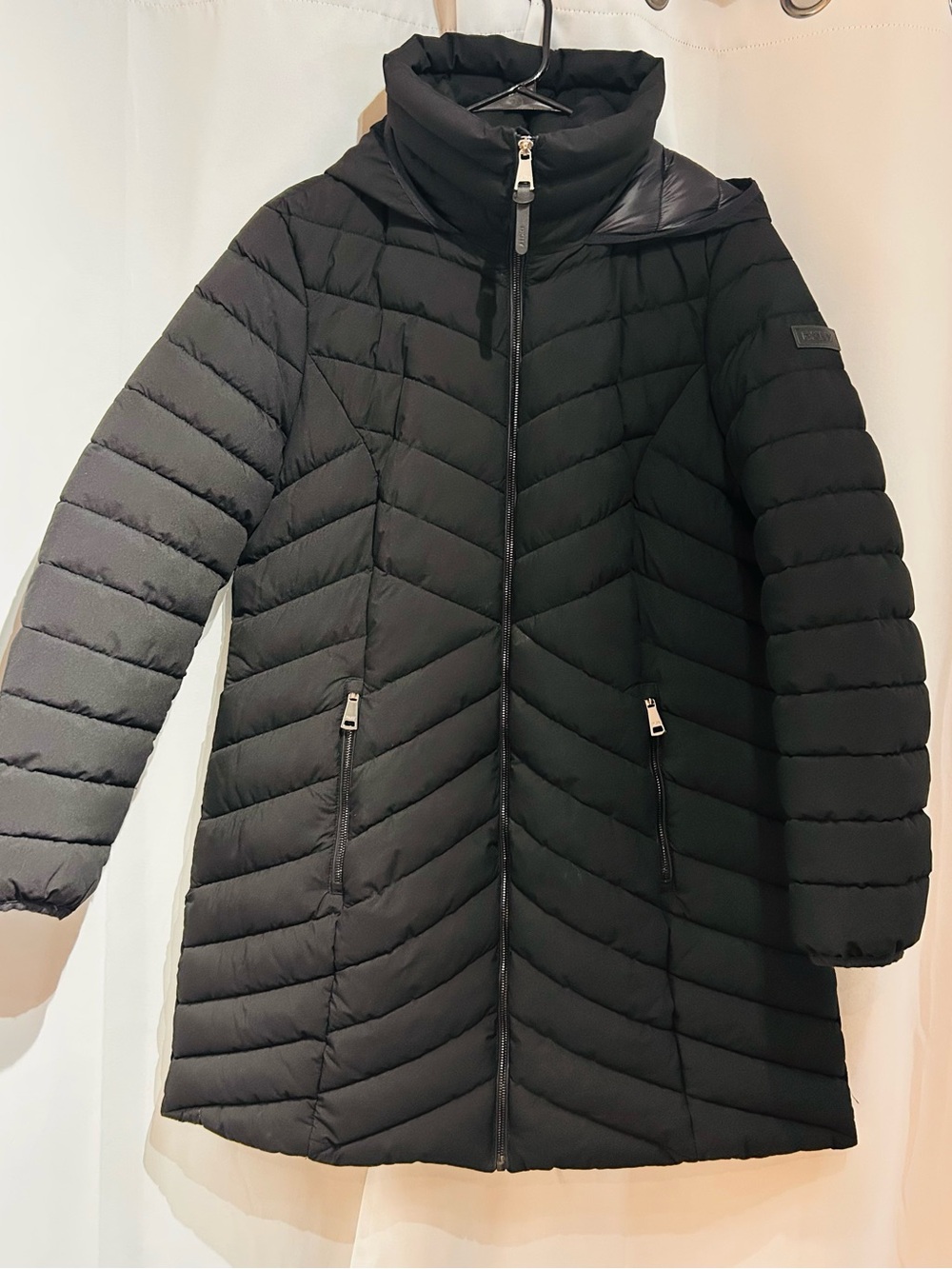 DKNY Black Quilted Hooded Long Puffer Coat with inside vest style zipper